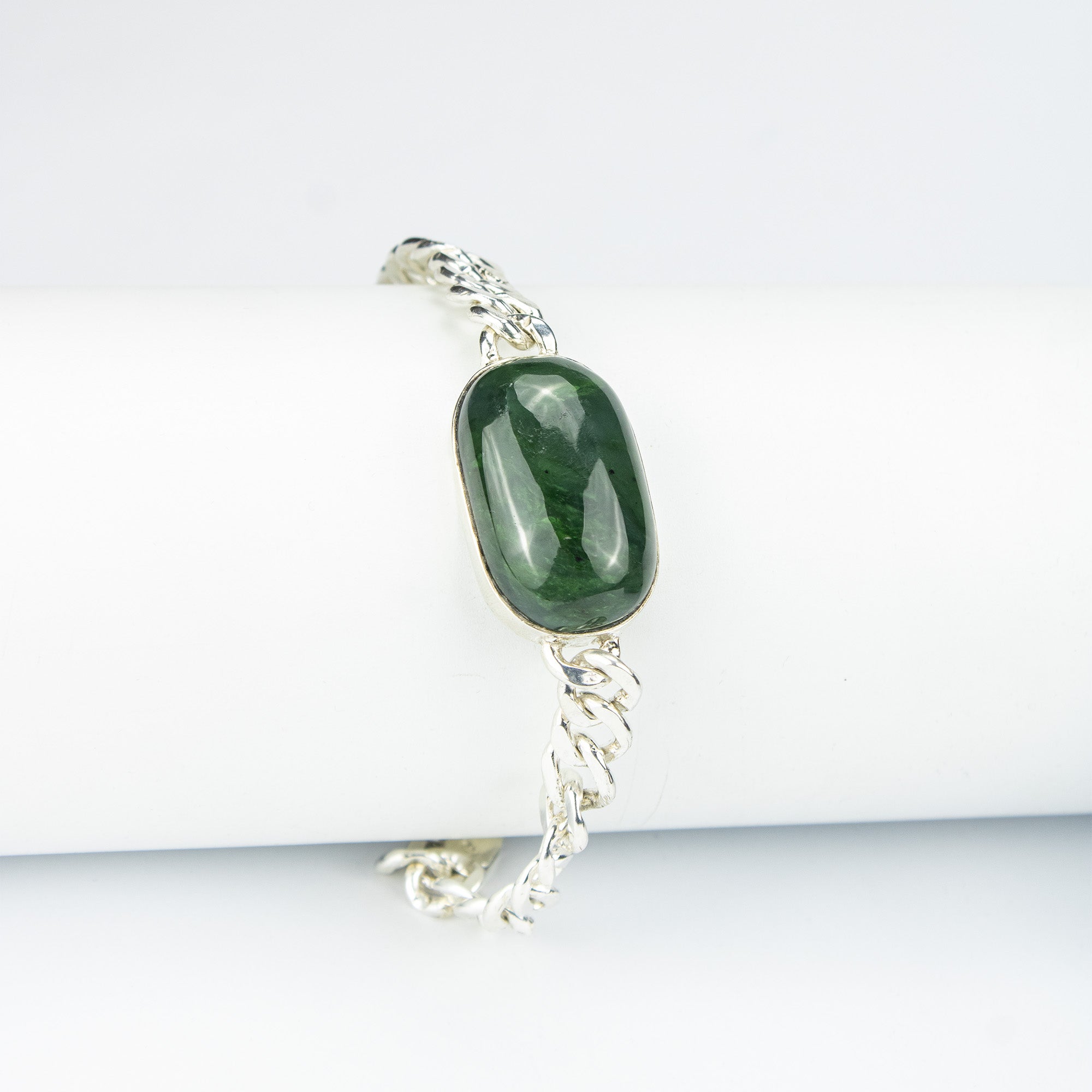 Afghan Nephrite Jade Men’s Silver Bracelet – 925 Sterling Silver Chain Bracelet – Handmade Luxury Jewelry