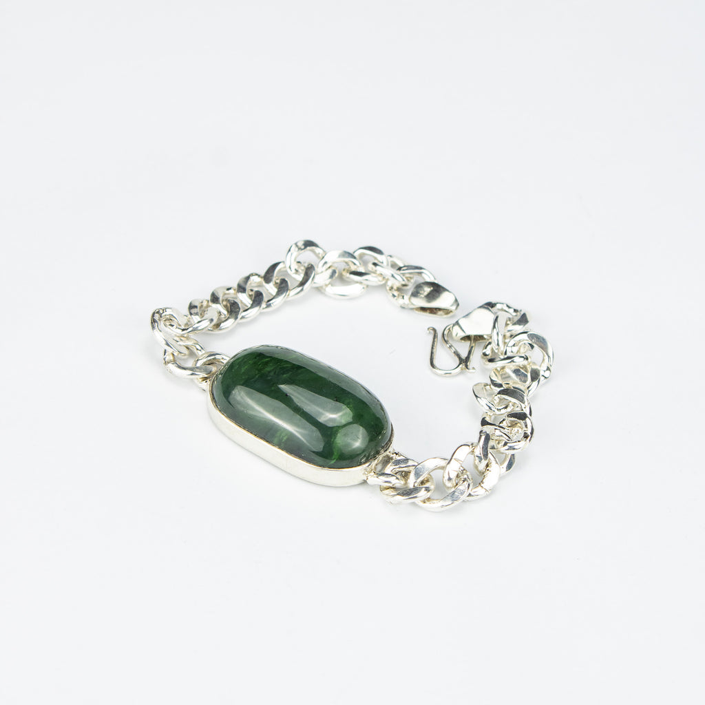 Afghan Nephrite Jade Men’s Silver Bracelet – 925 Sterling Silver Chain Bracelet – Handmade Luxury Jewelry