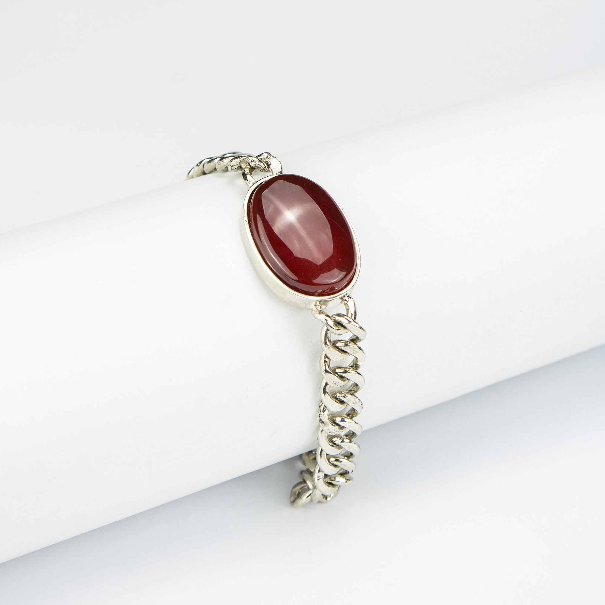 Red Agate Men’s Stainless Steel Bracelet – Oval Cabochon Chain Bracelet – Handmade Statement Jewelry