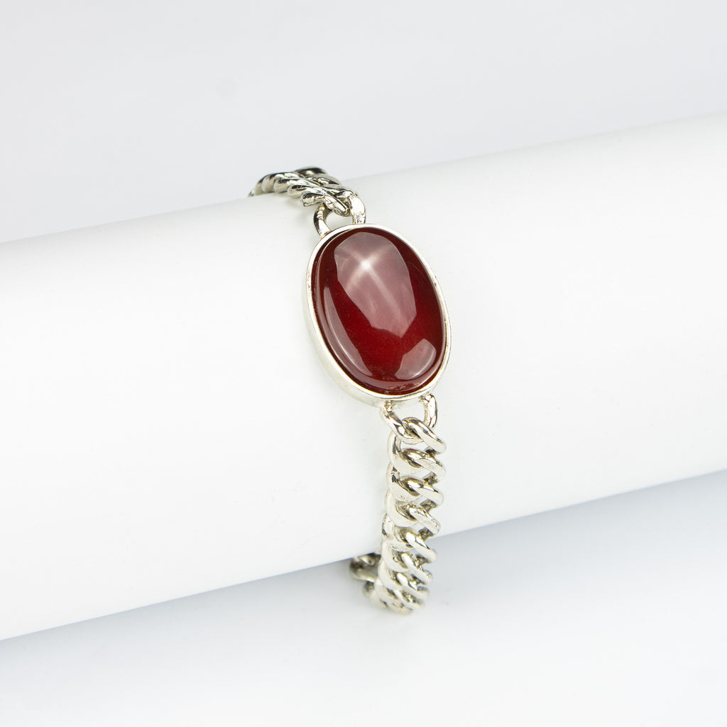 Red Agate Men’s Stainless Steel Bracelet – Oval Cabochon Chain Bracelet – Handmade Statement Jewelry