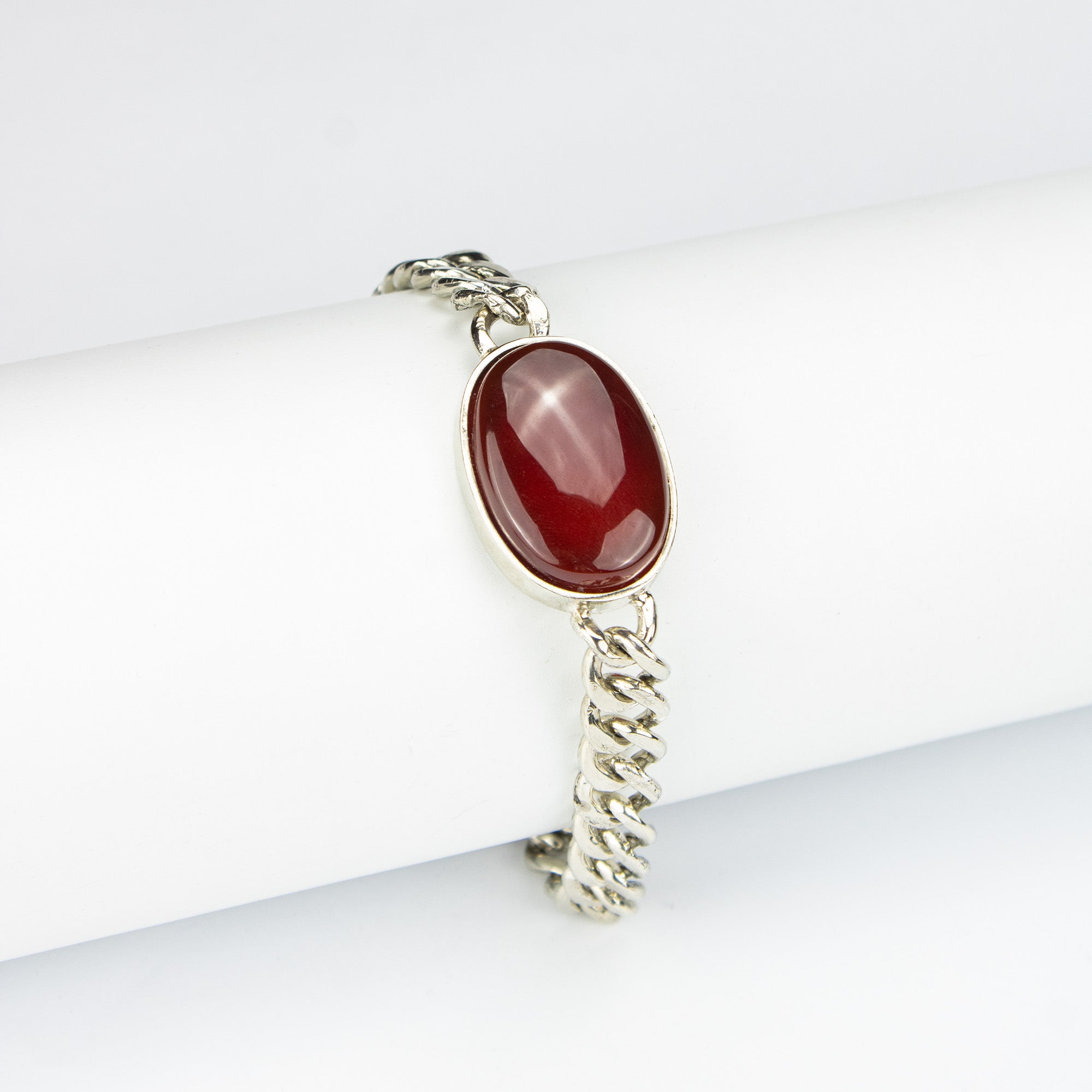 Red Agate Men’s Stainless Steel Bracelet – Oval Cabochon Chain Bracelet – Handmade Statement Jewelry