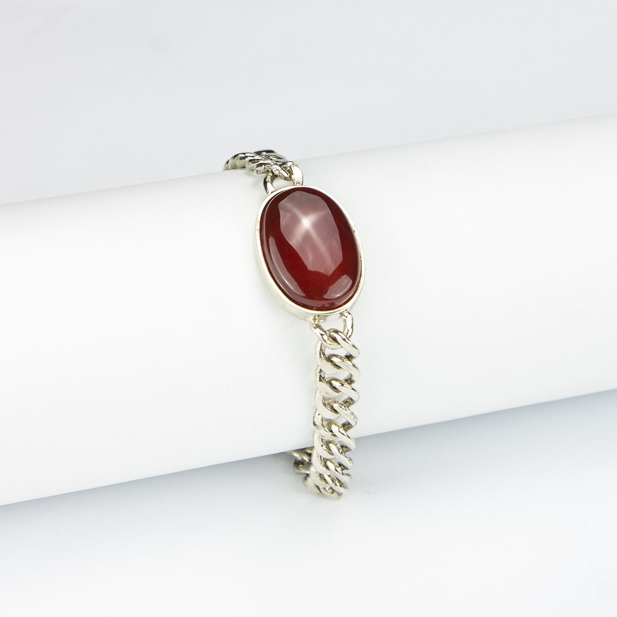 Red Agate Men’s Stainless Steel Bracelet – Oval Cabochon Chain Bracelet – Handmade Statement Jewelry