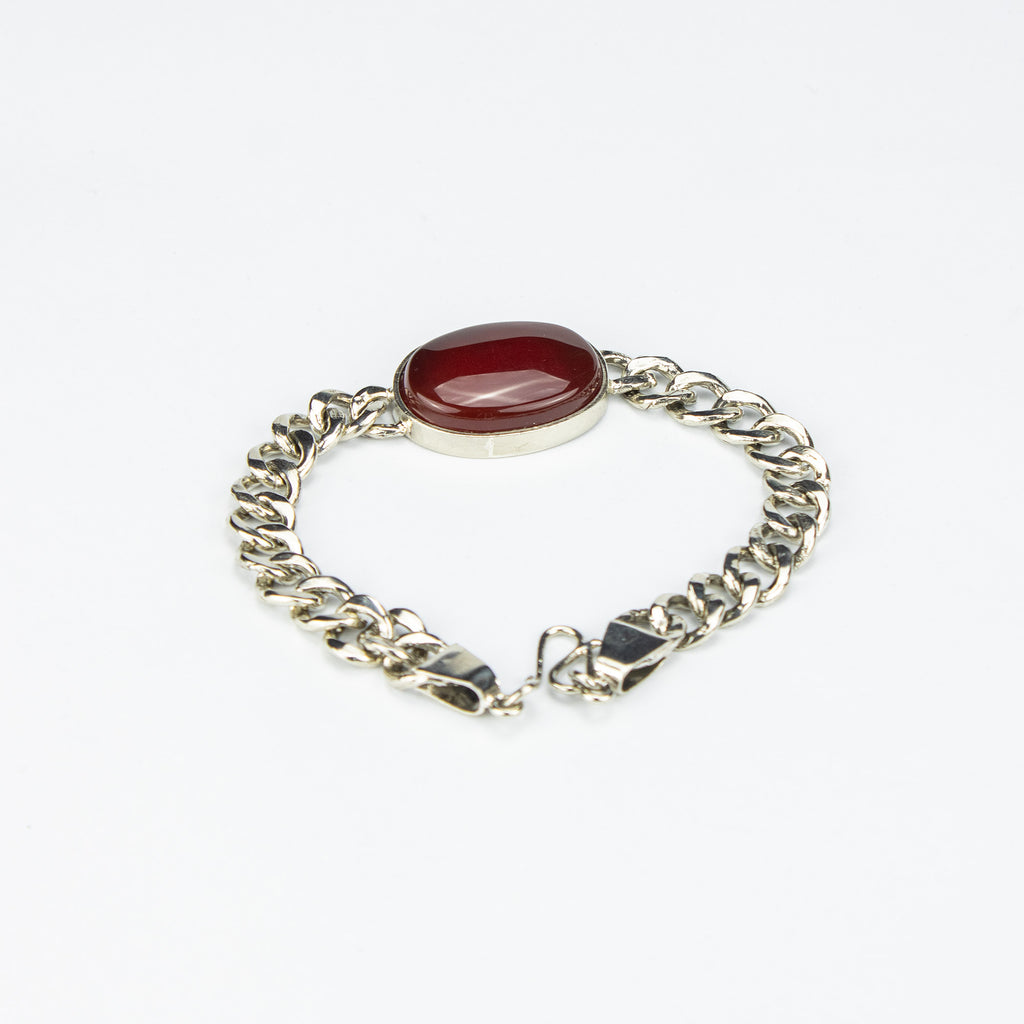 Red Agate Men’s Stainless Steel Bracelet – Oval Cabochon Chain Bracelet – Handmade Statement Jewelry
