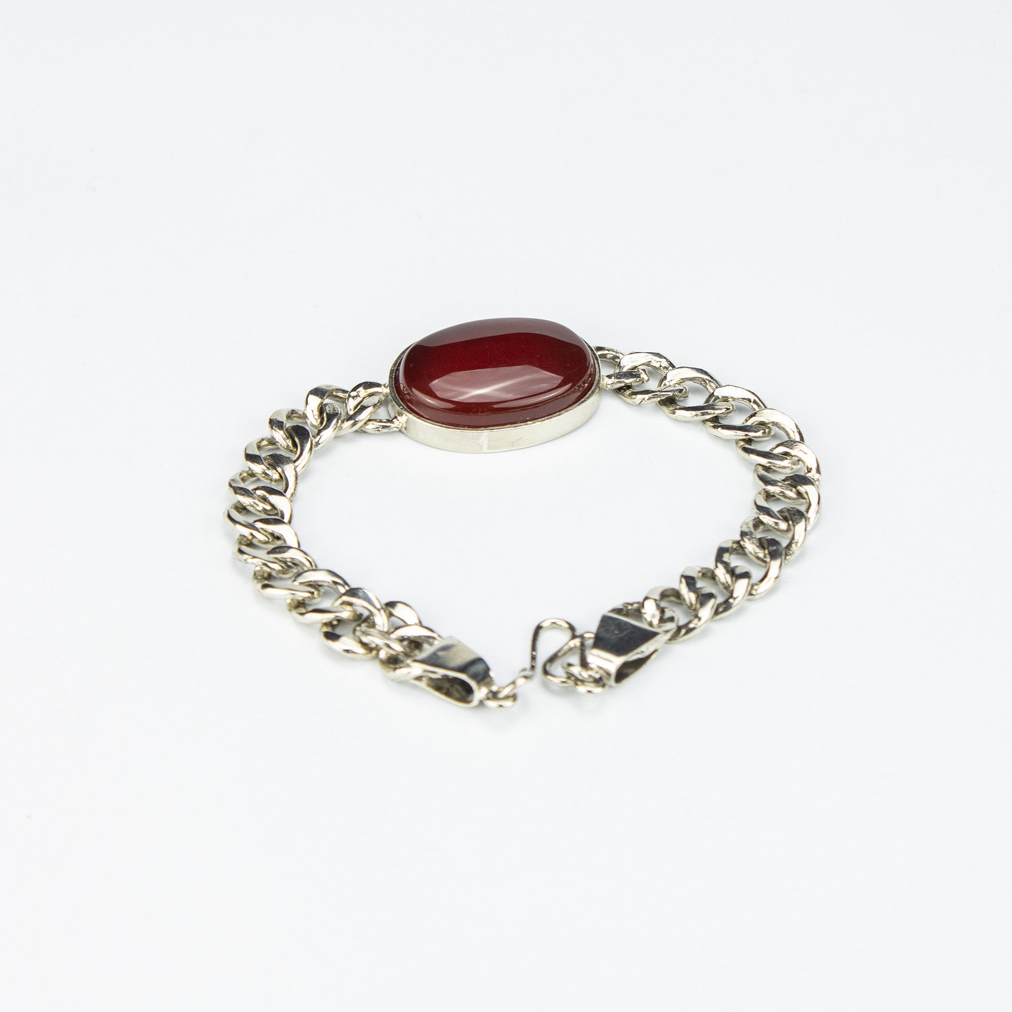 Red Agate Men’s Stainless Steel Bracelet – Oval Cabochon Chain Bracelet – Handmade Statement Jewelry