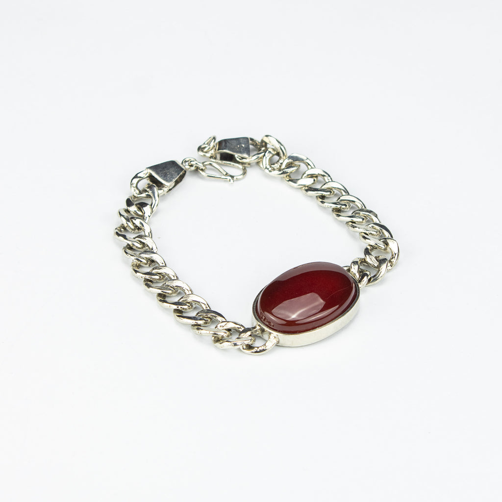 Red Agate Men’s Stainless Steel Bracelet – Oval Cabochon Chain Bracelet – Handmade Statement Jewelry