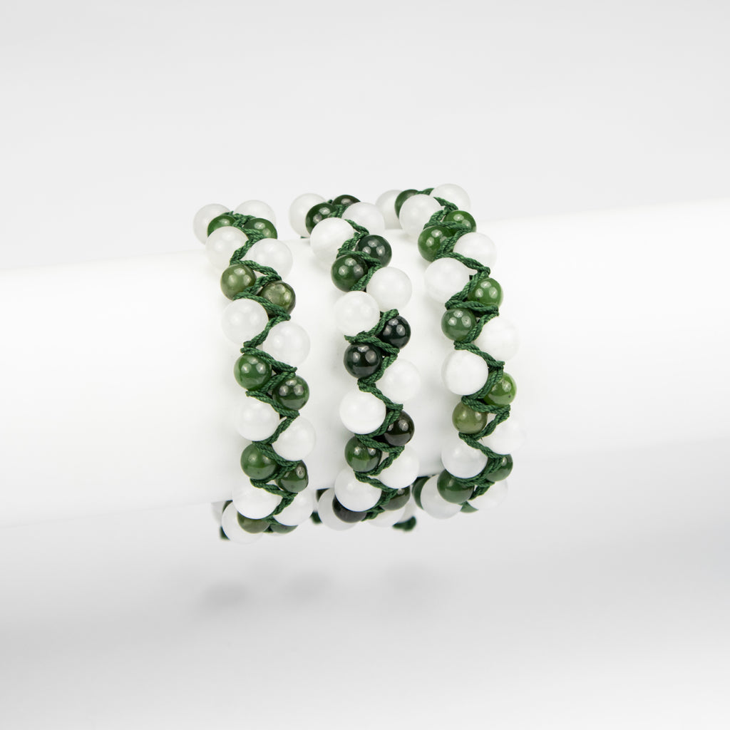 Natural Nephrite Jade & Calcite Woven Bracelet – Handmade Afghan Gemstone Beaded Bracelet – Green & White – Adjustable Free Size